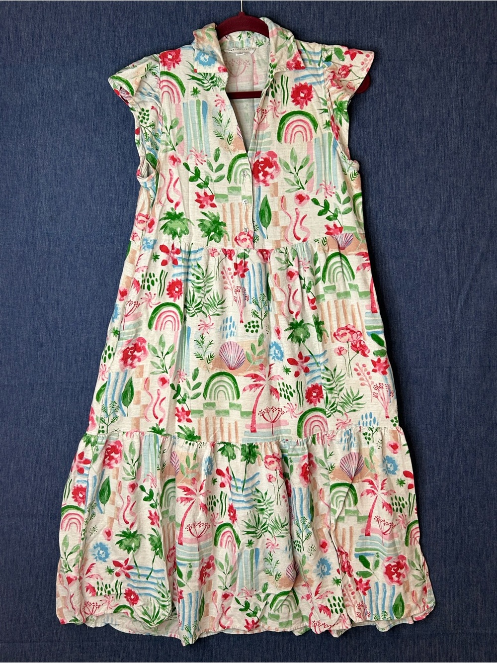 Jane and Delancey Floral & Rainbow Print Midi Dress — White, Pink, Green, Blue